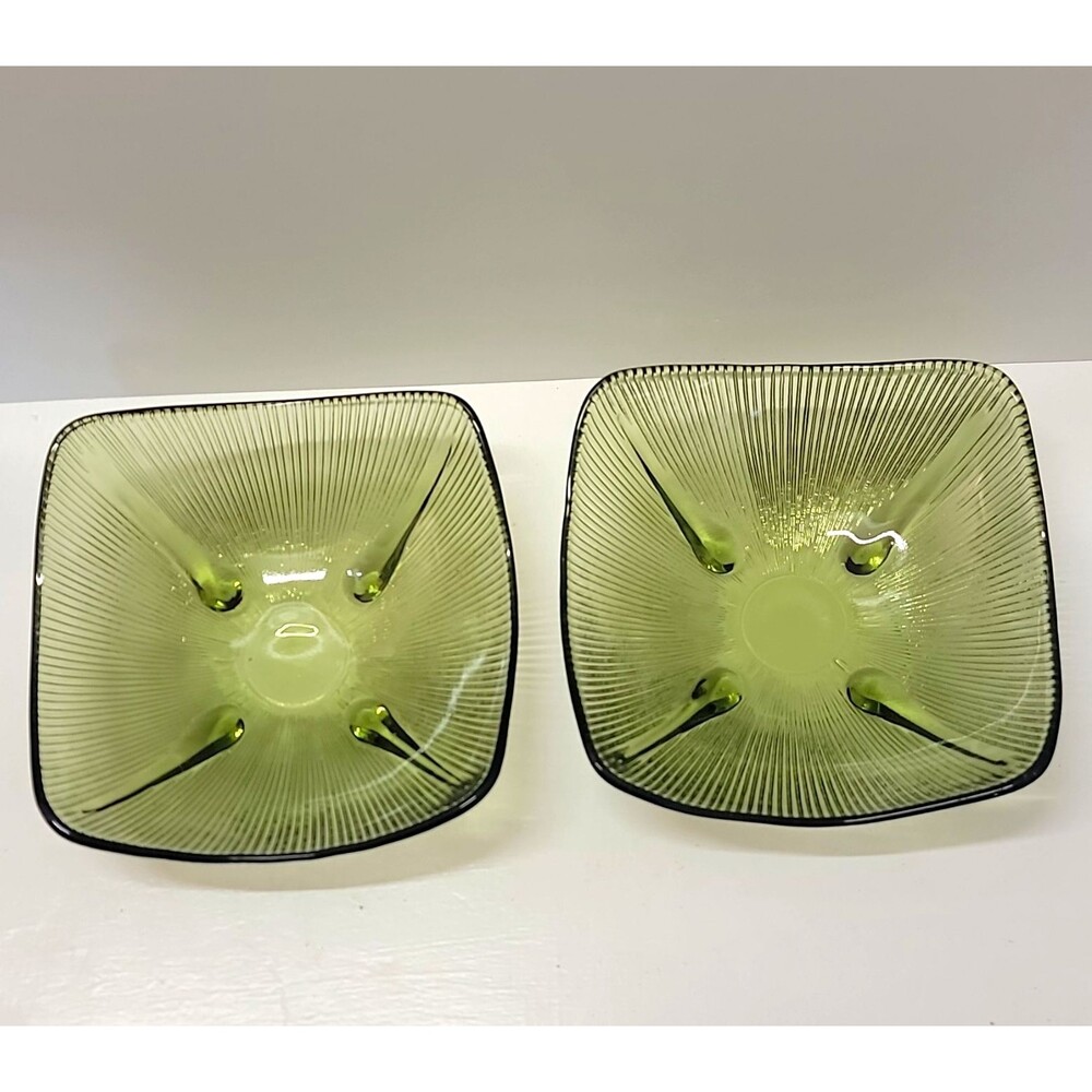 Mid-Century Modern Set of 2 Green Square Ribbed Pressed Glass Bowls
